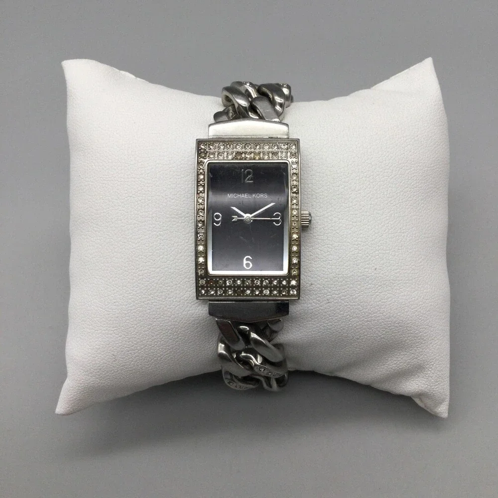 Michael Kors Womens Watch 20mm Black Dial Silver Tone Crystals New Battery 6.75